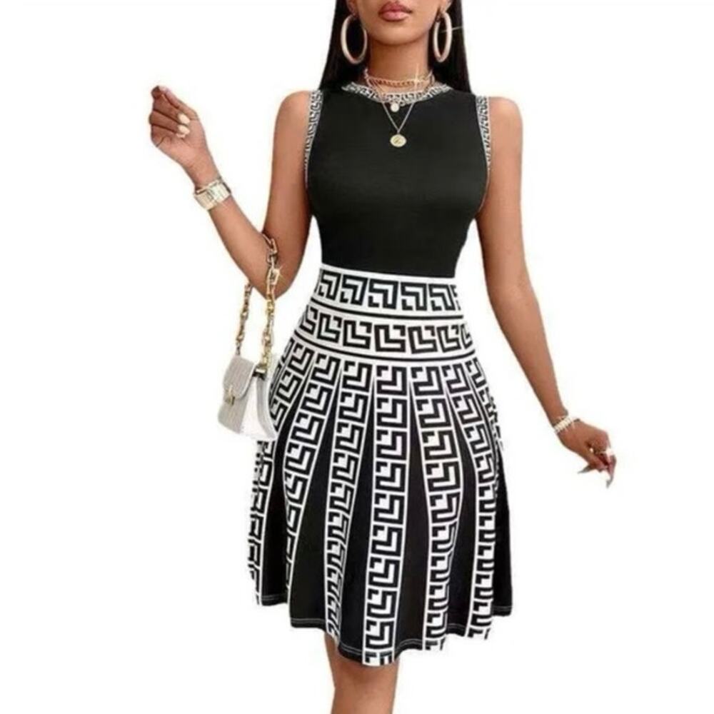 Black & White Greek Key Pleated Skirt Dress size large women’s sleek geometric